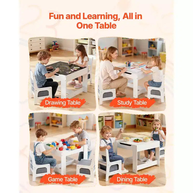 Set Tavolo e 2 Sedie per Bambini VEVOR, Set Tavolo e Sedie per Bambini con Spazio Contenitore Sotto il Tavolo, Scatola Contenitore in Tessuto Sotto le Sedie, Bianco