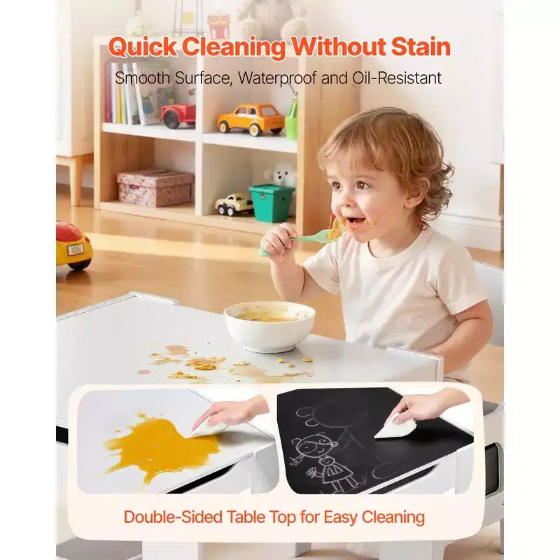 Set Tavolo e 2 Sedie per Bambini VEVOR, Set Tavolo e Sedie per Bambini con Spazio Contenitore Sotto il Tavolo, Scatola Contenitore in Tessuto Sotto le Sedie, Bianco