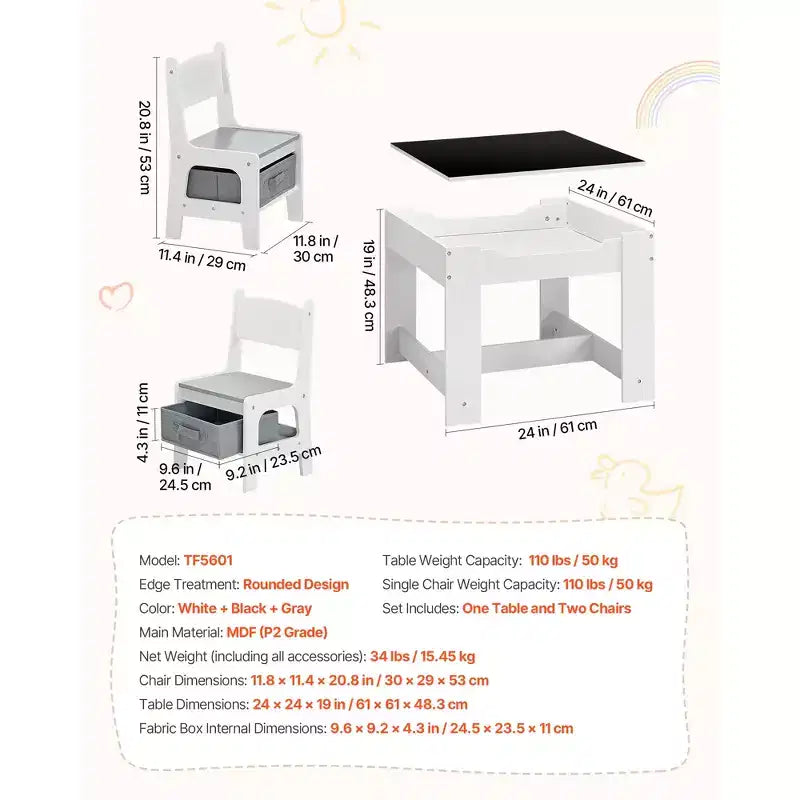 Set Tavolo e 2 Sedie per Bambini VEVOR, Set Tavolo e Sedie per Bambini con Spazio Contenitore Sotto il Tavolo, Scatola Contenitore in Tessuto Sotto le Sedie, Bianco