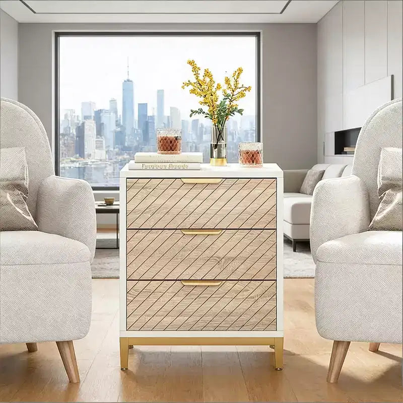 GDFStudio Ellery Comodino Moderno a 3 Cassetti con Struttura in Metallo