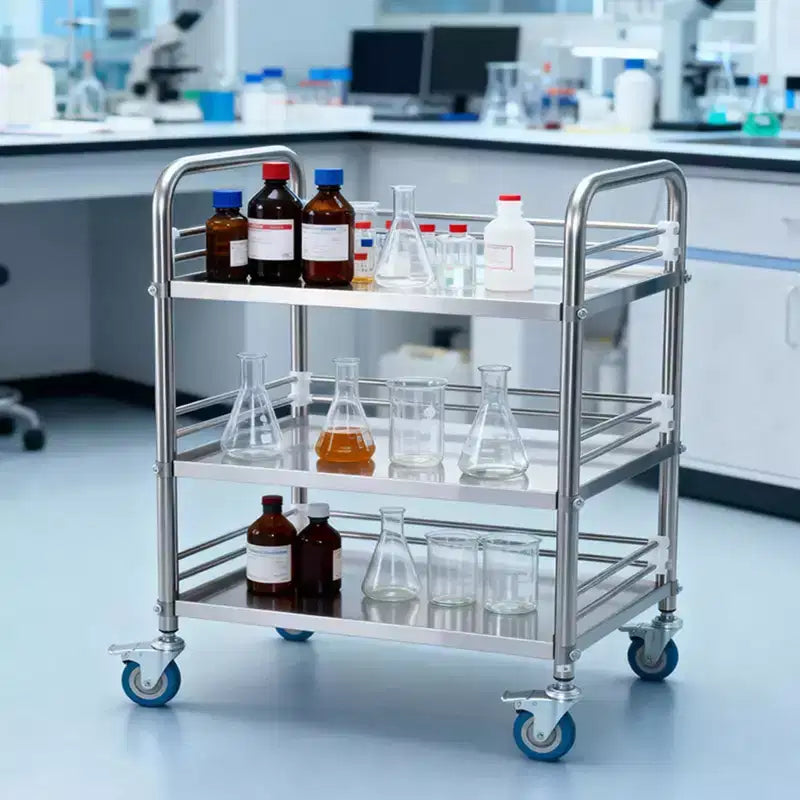 Carrello VEVOR in acciaio inox, carrello di servizio per laboratorio a 3 ripiani con ruote bloccabili, carrello medico con vassoio, argento
