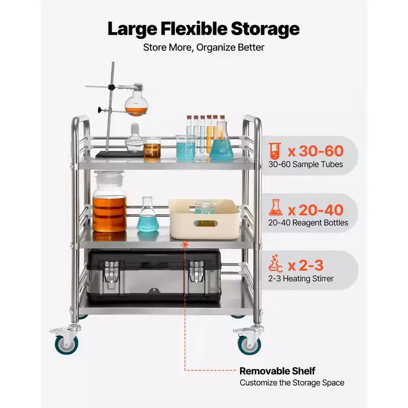Carrello VEVOR in acciaio inox, carrello di servizio per laboratorio a 3 ripiani con ruote bloccabili, carrello medico con vassoio, argento