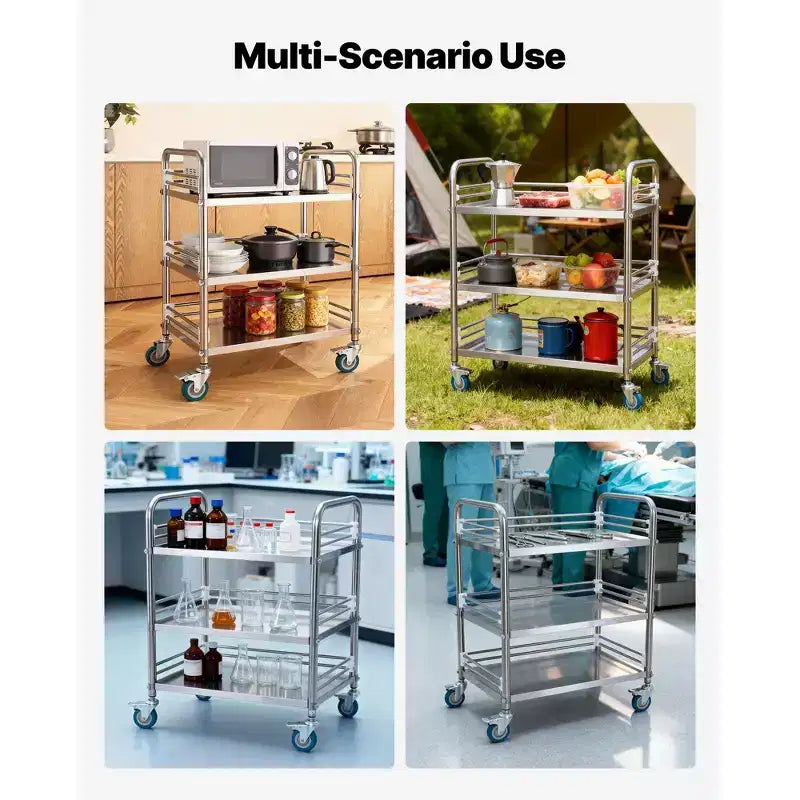 Carrello VEVOR in acciaio inox, carrello di servizio per laboratorio a 3 ripiani con ruote bloccabili, carrello medico con vassoio, argento