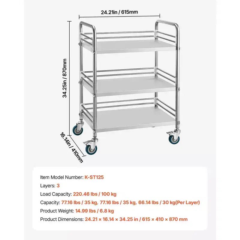 Carrello VEVOR in acciaio inox, carrello di servizio per laboratorio a 3 ripiani con ruote bloccabili, carrello medico con vassoio, argento
