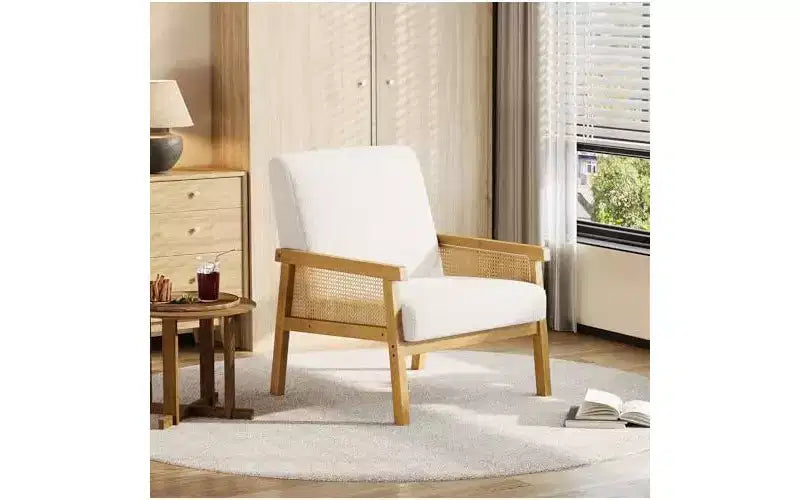 GustoWave Poltrona Accent in Pelle PU - Poltrona in Rattan con Braccioli e Gambe in Legno, Poltrona Imbottita per Soggiorno/Camera da Letto/Sala Lettura