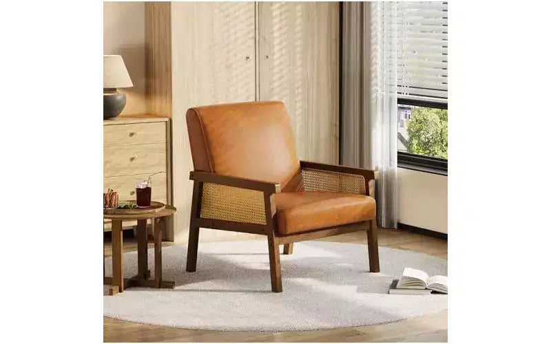 GustoWave Poltrona Accent in Pelle PU - Poltrona in Rattan con Braccioli e Gambe in Legno, Poltrona Imbottita per Soggiorno/Camera da Letto/Sala Lettura
