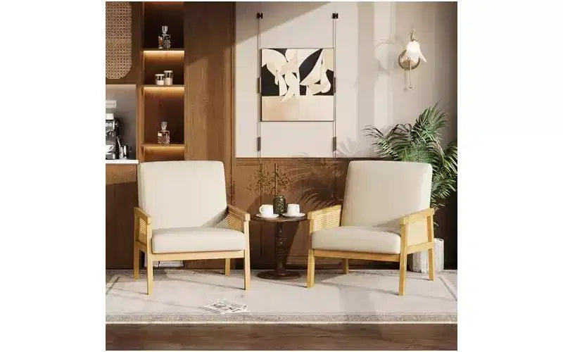 GustoWave Poltrona Accent in Pelle PU - Poltrona in Rattan con Braccioli e Gambe in Legno, Poltrona Imbottita per Soggiorno/Camera da Letto/Sala Lettura
