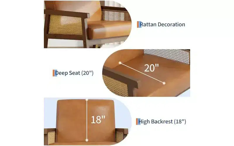 GustoWave Poltrona Accent in Pelle PU - Poltrona in Rattan con Braccioli e Gambe in Legno, Poltrona Imbottita per Soggiorno/Camera da Letto/Sala Lettura