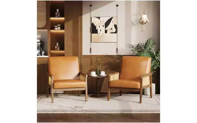 GustoWave Poltrona Accent in Pelle PU - Poltrona in Rattan con Braccioli e Gambe in Legno, Poltrona Imbottita per Soggiorno/Camera da Letto/Sala Lettura