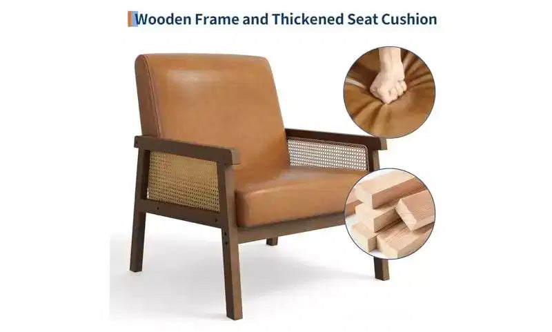 GustoWave Poltrona Accent in Pelle PU - Poltrona in Rattan con Braccioli e Gambe in Legno, Poltrona Imbottita per Soggiorno/Camera da Letto/Sala Lettura