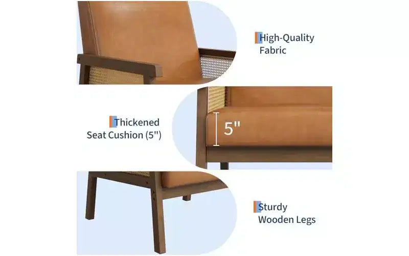 GustoWave Poltrona Accent in Pelle PU - Poltrona in Rattan con Braccioli e Gambe in Legno, Poltrona Imbottita per Soggiorno/Camera da Letto/Sala Lettura