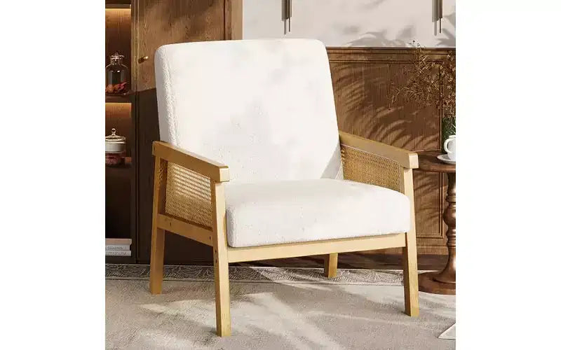 GustoWave Poltrona Accent in Pelle PU - Poltrona in Rattan con Braccioli e Gambe in Legno, Poltrona Imbottita per Soggiorno/Camera da Letto/Sala Lettura