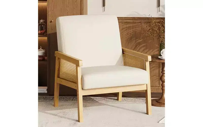 GustoWave Poltrona Accent in Pelle PU - Poltrona in Rattan con Braccioli e Gambe in Legno, Poltrona Imbottita per Soggiorno/Camera da Letto/Sala Lettura
