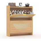 2 Flip-Drawer Shoe Storage Cabinet - Narrow Free Standing Organizer with Rattan Doors for Entryway/Hallway, Natural (1-Pack)