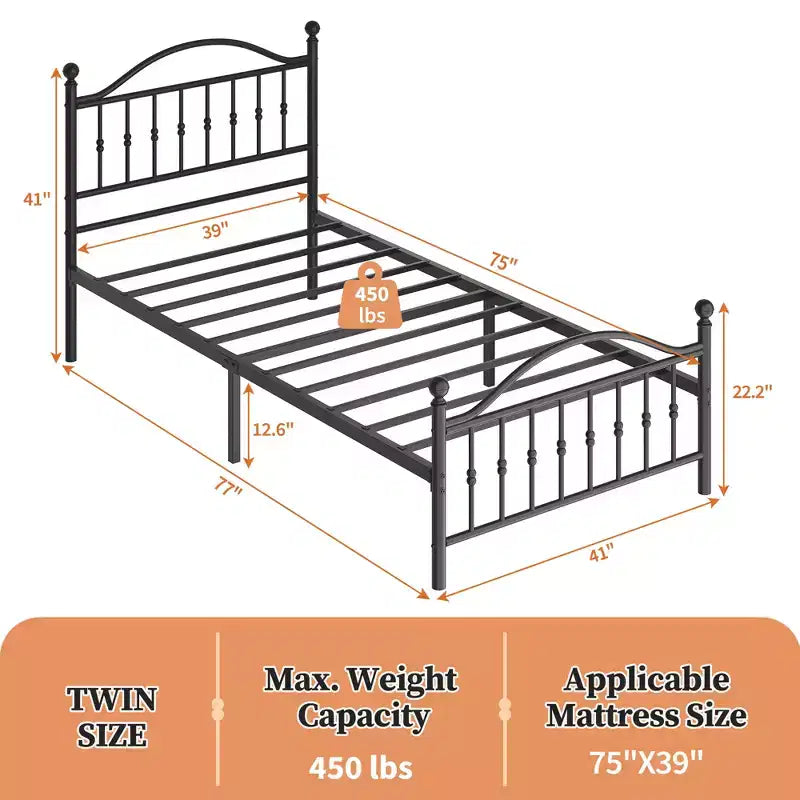 Acekool Struttura Letto Matrimoniale in Metallo Piattaforma Testiera Pediera Circolare Vintage Rumore Ridotto Nero