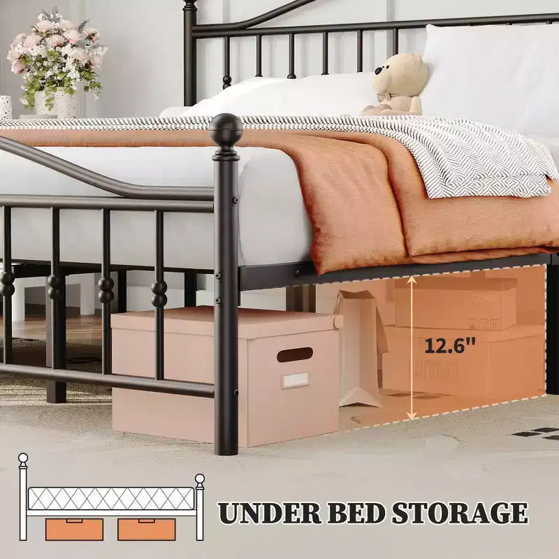 Acekool Struttura Letto Matrimoniale in Metallo Piattaforma Testiera Pediera Circolare Vintage Rumore Ridotto Nero