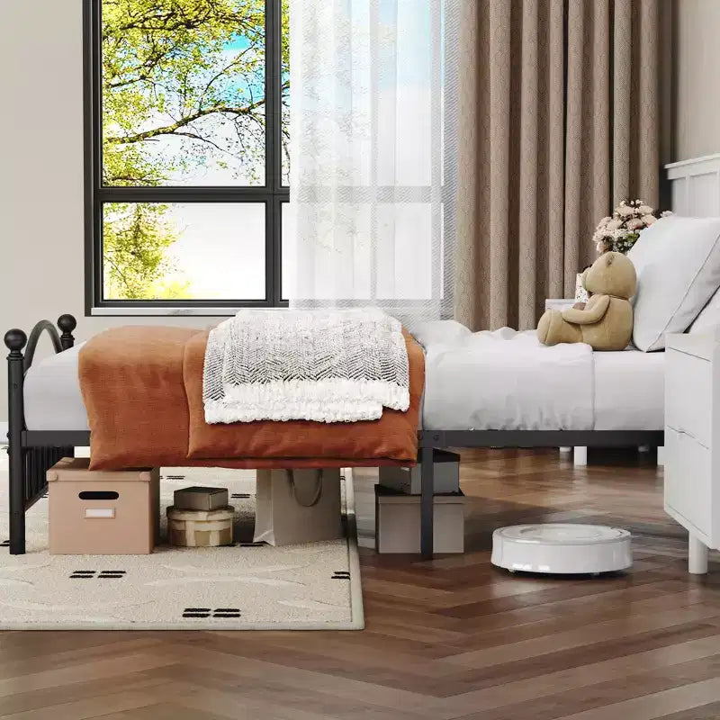 Acekool Struttura Letto Matrimoniale in Metallo Piattaforma Testiera Pediera Circolare Vintage Rumore Ridotto Nero