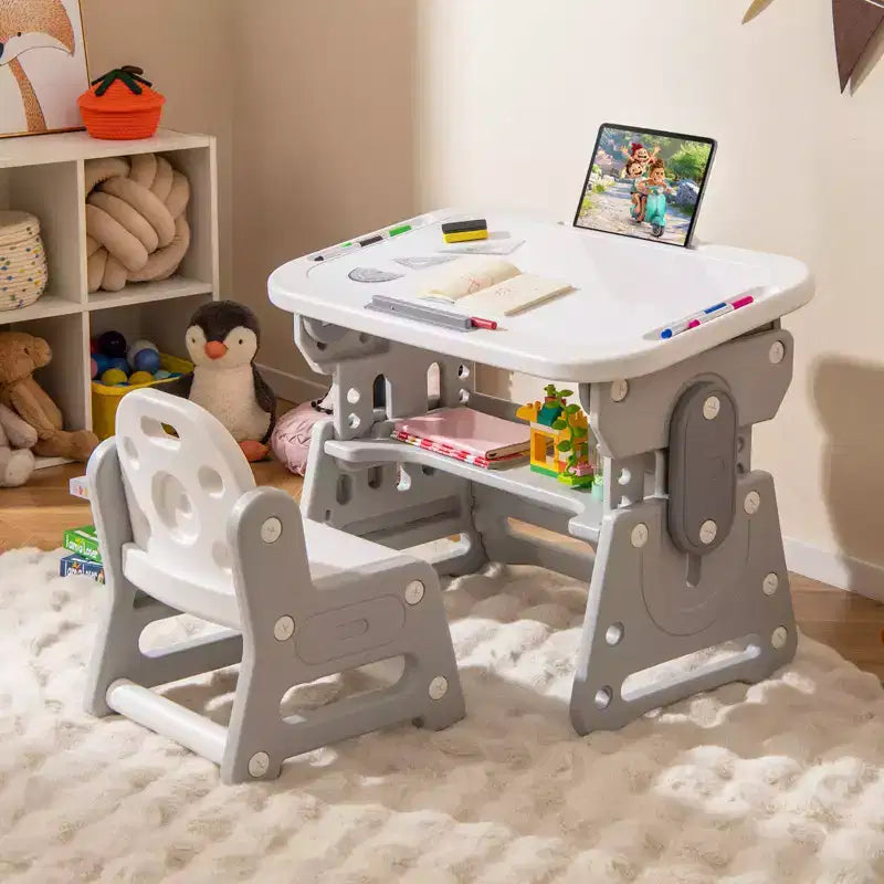 Set Tavolo e Sedie per Bambini Costway Regolabile in Altezza Tavolo da Disegno per Bambini con Leggio