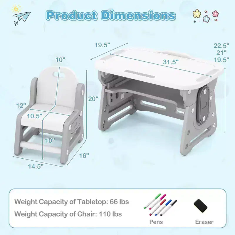 Set Tavolo e Sedie per Bambini Costway Regolabile in Altezza Tavolo da Disegno per Bambini con Leggio