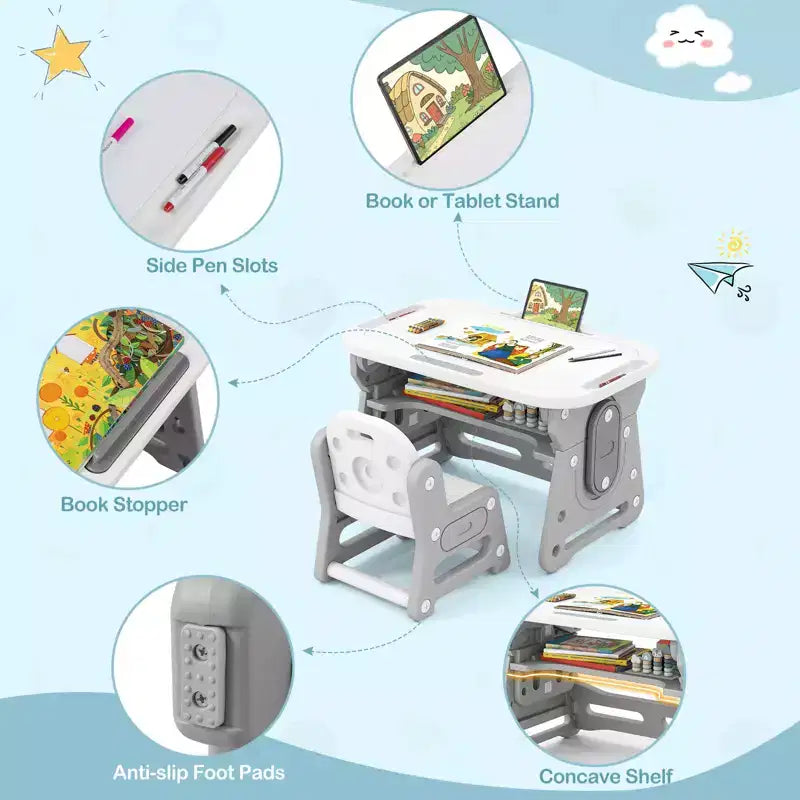 Set Tavolo e Sedie per Bambini Costway Regolabile in Altezza Tavolo da Disegno per Bambini con Leggio