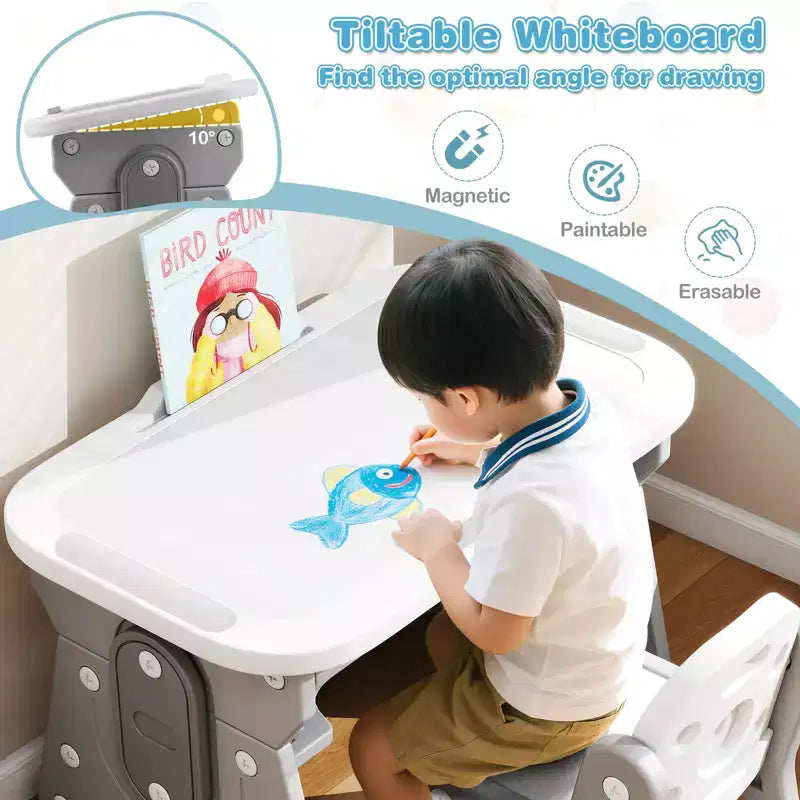 Set Tavolo e Sedie per Bambini Costway Regolabile in Altezza Tavolo da Disegno per Bambini con Leggio