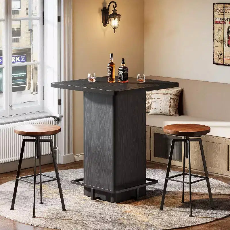 Tavolo da bar quadrato Lantine, tavolo da bistrò in legno alto 99,99 cm con poggiapiedi in metallo per sala da pranzo, caffè, cocktail, soggiorno, piccoli spazi