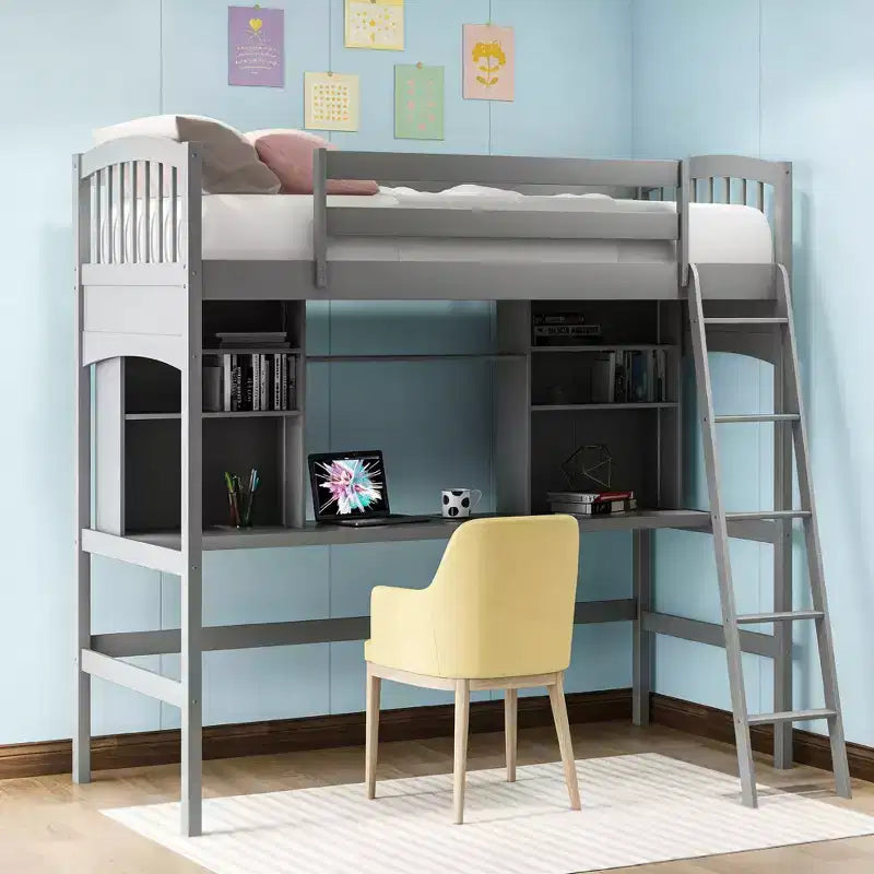 Luxystar Letto a soppalco singolo moderno con scrivania, scaffali e scaletta regolabile