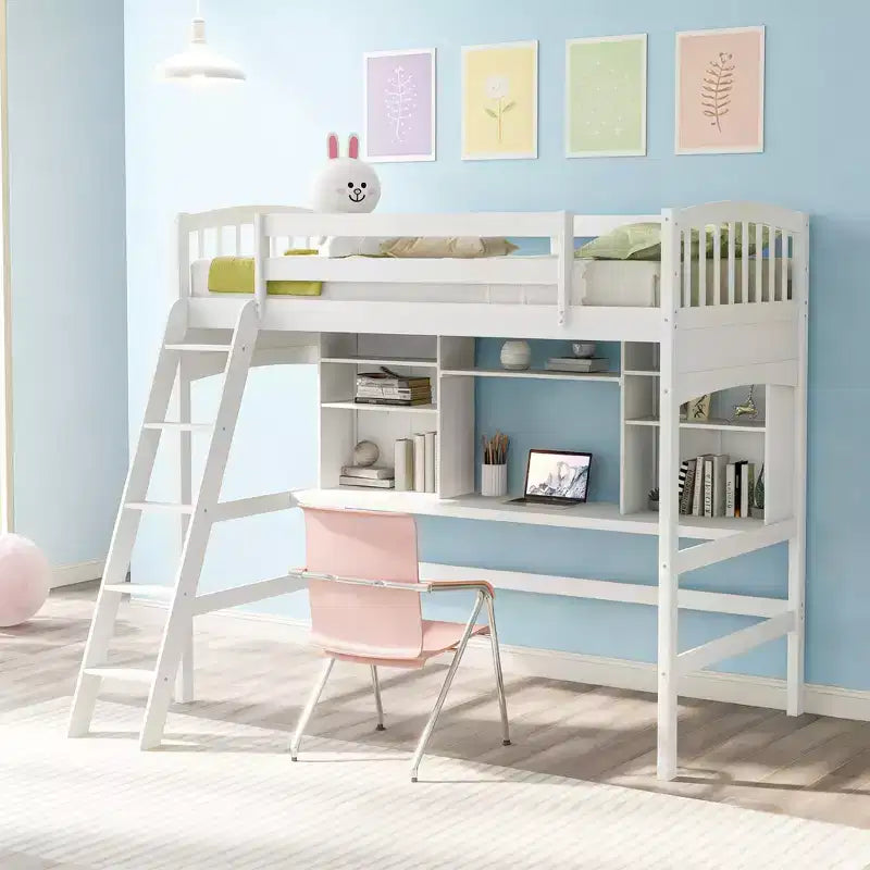 Luxystar Letto a soppalco singolo moderno con scrivania, scaffali e scaletta regolabile