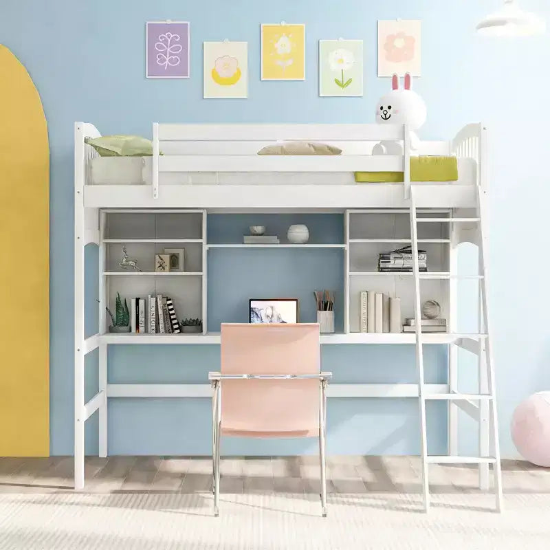 Luxystar Letto a soppalco singolo moderno con scrivania, scaffali e scaletta regolabile