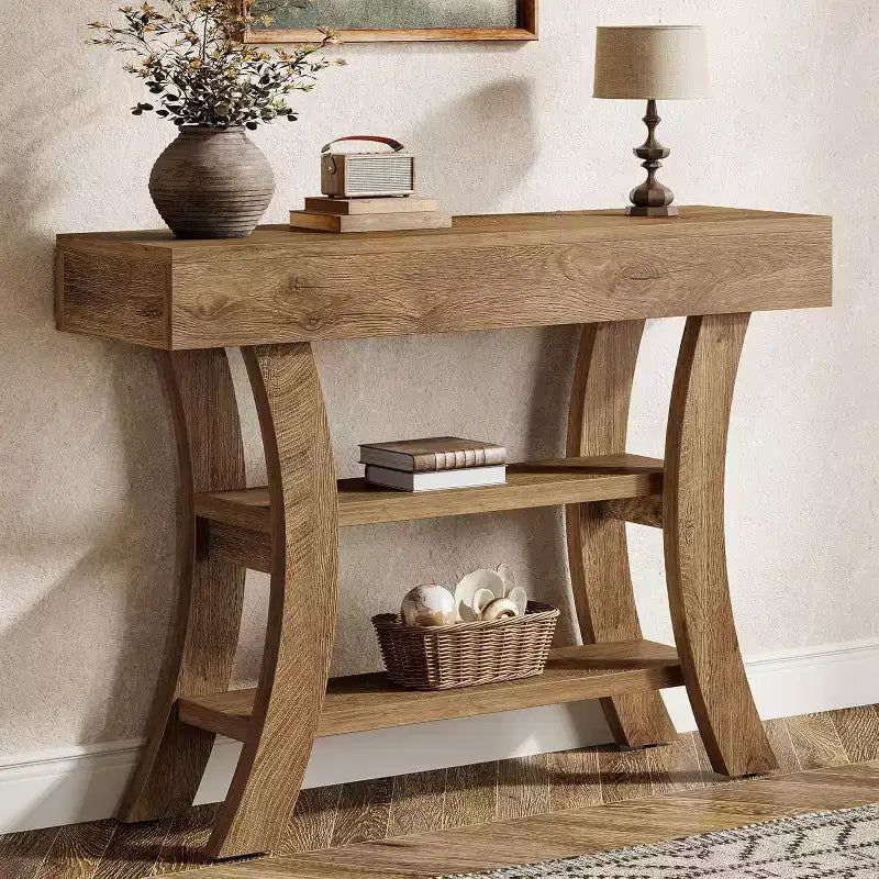 Lantine 41-Inch Small Console Table for Entryway, 3-Tier Narrow Rustic Sofa Table with Storage Shelves for Living Room, Hallway, Foyer, Oak Brown