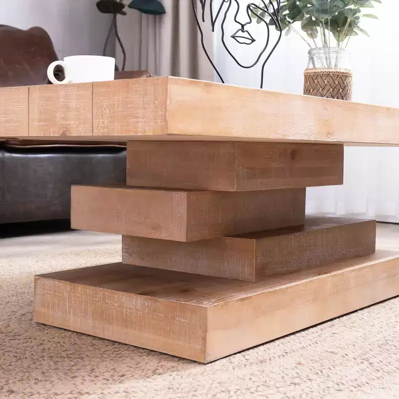 Tavolino da caffè rettangolare GDFStudio Halston moderno rustico in legno con base a blocchi