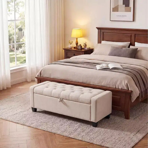 Panca contenitore pouf 50,8, Panca contenitore imbottita con bottoni a trapuntatura, Panca da ingresso con coperchio a ribalta e cerniera di sicurezza a chiusura rallentata per soggiorno