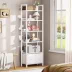 Modern 71 Inch Tall 6 Tier Bookshelf with Two Drawers Wooden Metal Freestanding Bookcase Display Storage Organizer for Home Office Living Room White