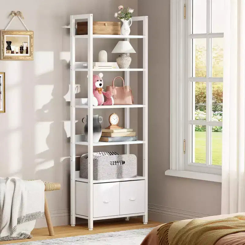 Modern 71 Inch Tall 6 Tier Bookshelf with Two Drawers Wooden Metal Freestanding Bookcase Display Storage Organizer for Home Office Living Room White