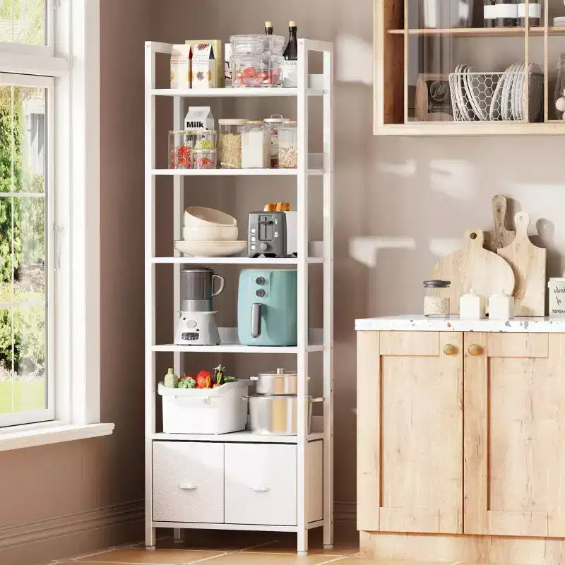 Libreria moderna a 6 ripiani alta 180 cm con due cassetti, scaffale autoportante in legno e metallo, organizer per casa, ufficio e soggiorno, colore bianco