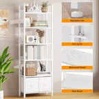 Libreria moderna a 6 ripiani alta 180 cm con due cassetti, scaffale autoportante in legno e metallo, organizer per casa, ufficio e soggiorno, colore bianco