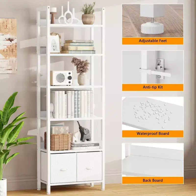Libreria moderna a 6 ripiani alta 180 cm con due cassetti, scaffale autoportante in legno e metallo, organizer per casa, ufficio e soggiorno, colore bianco