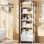 Libreria moderna a 6 ripiani alta 180 cm con due cassetti, scaffale autoportante in legno e metallo, organizer per casa, ufficio e soggiorno, colore bianco