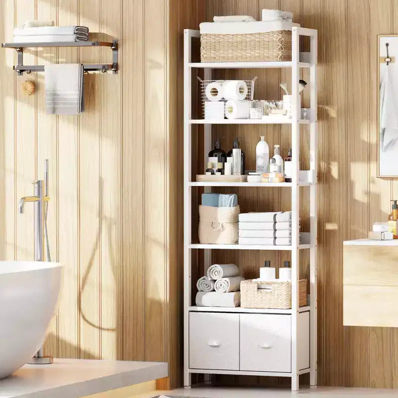 Libreria moderna a 6 ripiani alta 180 cm con due cassetti, scaffale autoportante in legno e metallo, organizer per casa, ufficio e soggiorno, colore bianco