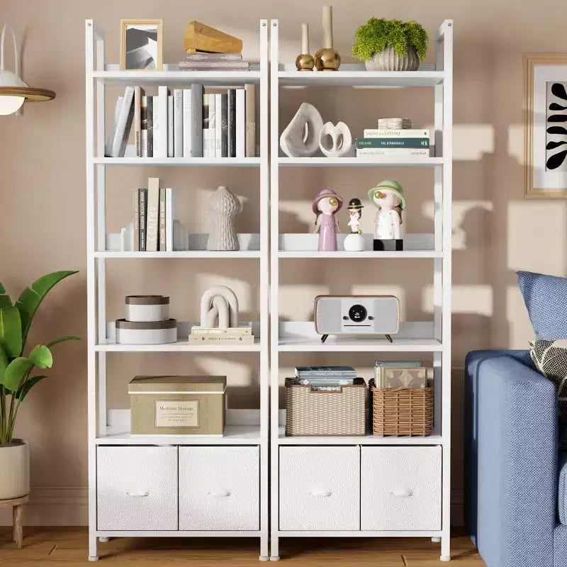 Libreria moderna a 6 ripiani alta 180 cm con due cassetti, scaffale autoportante in legno e metallo, organizer per casa, ufficio e soggiorno, colore bianco