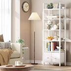 Libreria moderna a 6 ripiani alta 180 cm con due cassetti, scaffale autoportante in legno e metallo, organizer per casa, ufficio e soggiorno, colore bianco