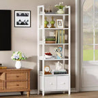 Libreria moderna a 6 ripiani alta 180 cm con due cassetti, scaffale autoportante in legno e metallo, organizer per casa, ufficio e soggiorno, colore bianco