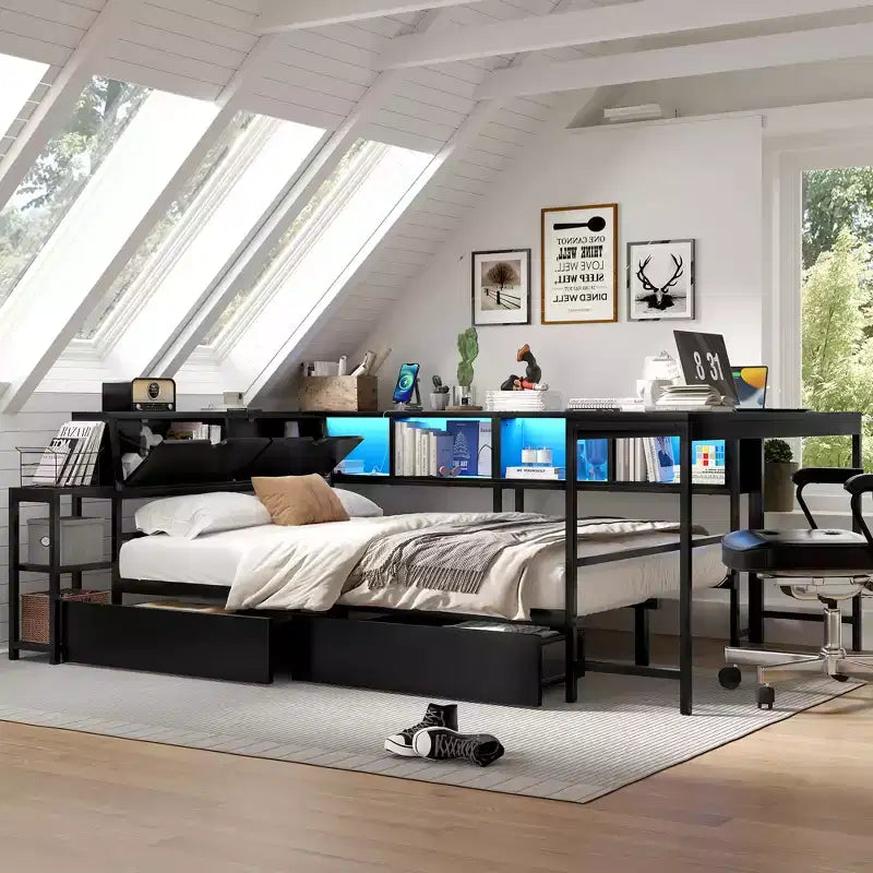 GDFStudio Letto ad angolo moderno Curme con libreria e 2 cassetti portaoggetti sottoletto