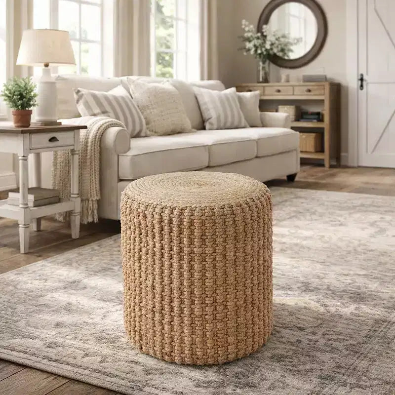 Casafield Pouf Ottomano in Alghe Marine Intrecciate a Mano, Accento Decorativo Bohemien per Interni, per Soggiorno