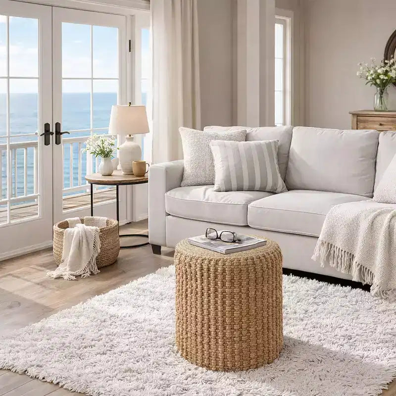 Casafield Pouf Ottomano in Alghe Marine Intrecciate a Mano, Accento Decorativo Bohemien per Interni, per Soggiorno