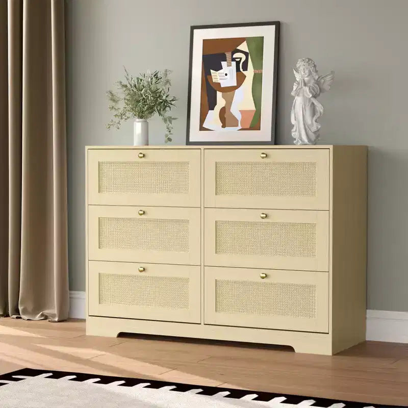 Comò moderno a 6 cassetti in rattan, Rovere Naturale, Organizer per armadio in legno, Design Bohemien e maniglie in legno