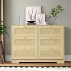 Comò moderno a 6 cassetti in rattan, Rovere Naturale, Organizer per armadio in legno, Design Bohemien e maniglie in legno