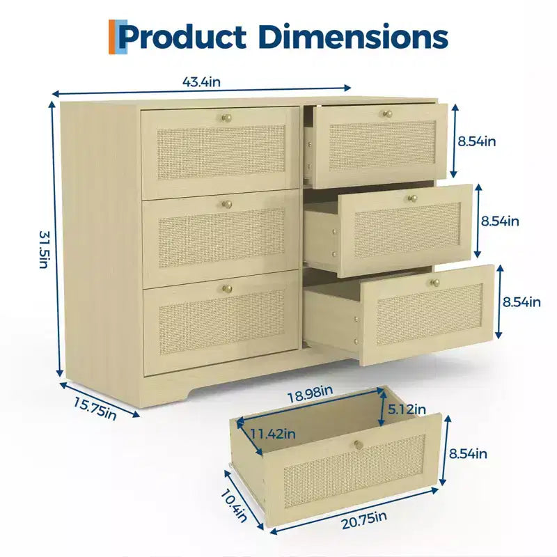 Comò moderno a 6 cassetti in rattan, Rovere Naturale, Organizer per armadio in legno, Design Bohemien e maniglie in legno