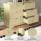 Comò moderno a 6 cassetti in rattan, Rovere Naturale, Organizer per armadio in legno, Design Bohemien e maniglie in legno