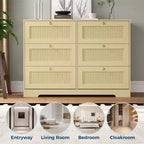 Comò moderno a 6 cassetti in rattan, Rovere Naturale, Organizer per armadio in legno, Design Bohemien e maniglie in legno